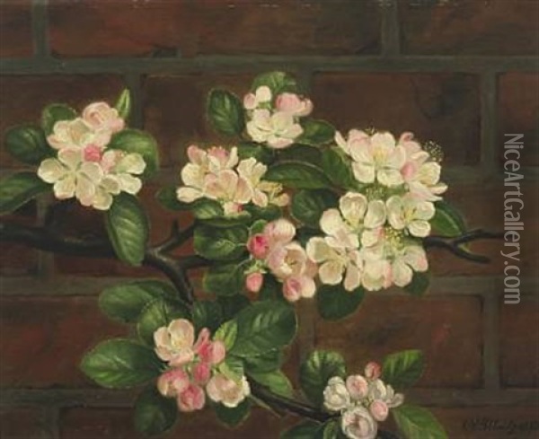 Apple Branch In Front Of Wall Oil Painting - E.C. (Emil C.) Ulnitz