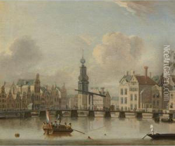 View Of Amsterdam With The Singel And Munttower, With Figurescrossing A Bridge And Swimming In The Foreground Oil Painting - Jacobus Storck