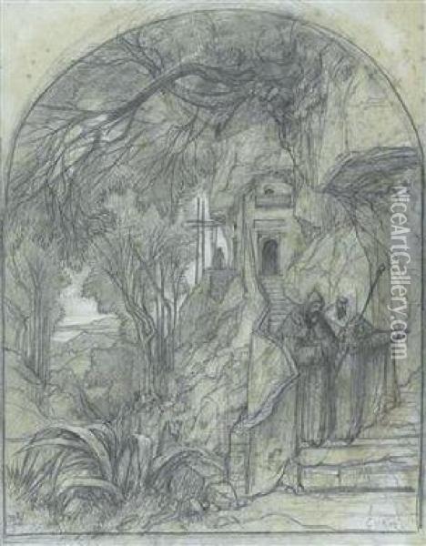 Monche Auf Einer Treppe Zu Einem Kloster Oil Painting - Edouard Francois Bertin