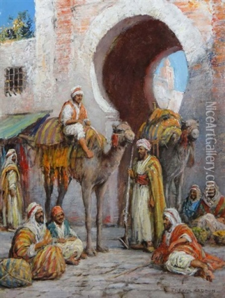 Middle Eastern Figures By Entrance Gate To A City With Camels, Some Resting Oil Painting - Arthur Trevor Haddon