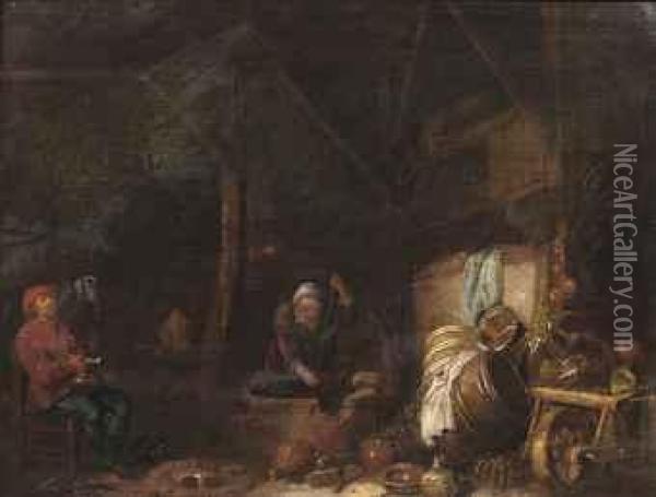 A Kitchen Interior With A Woman Stirring In A Well And A Mansmoking A Pipe Oil Painting - Hendrick Maertensz. Sorch (see Sorgh)