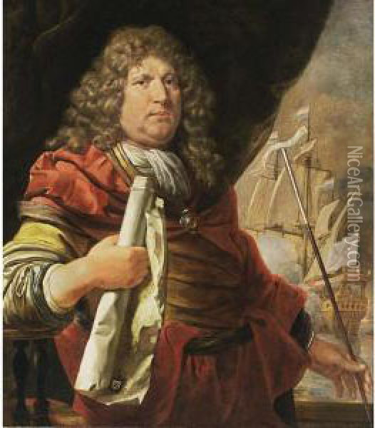 A Portrait Of Vice-admiral Abraham Van Der Hulst (1619-1666), Standing Half Length, Wearing A Grey-lined Yellow Coat With A Red Cloak And White Chemise, Holding A Maritime Map In His Right Hand, And A Baton In His Left Hand, A Man-of-war In The Background Oil Painting - Lodewyck Van Der Helst