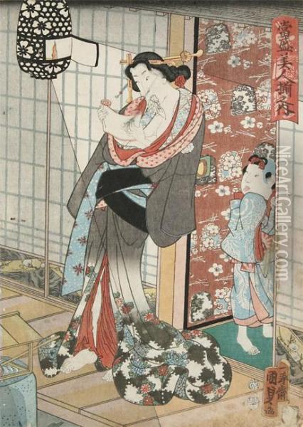 Een Schoonheid Met Zakdoek Tussen De Lippen Oil Painting - Utagawa Kunisada