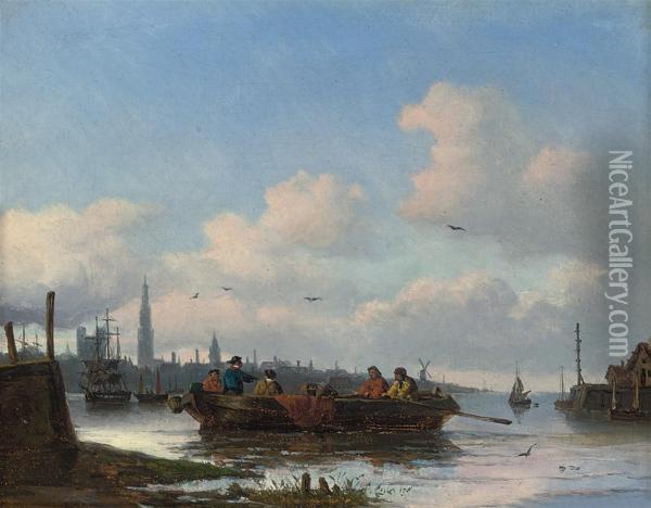 The Ferry Crossing The Scheldt At Antwerp Oil Painting - Johan Adolph Rust