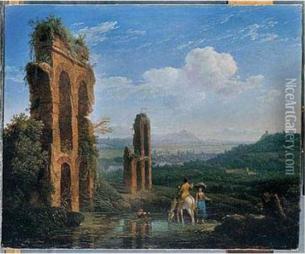 Italianate Landscape With A Washerwoman And A Rider Near A Roman Aqueduct Oil Painting - Jacob Philipp Hackert