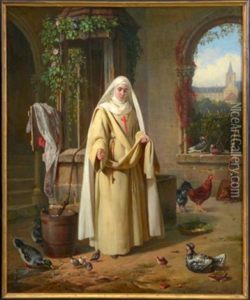 Jeune Religieuse S'occupant Du Poulailler Du Couvent Oil Painting - Pierre Duval-Lecamus