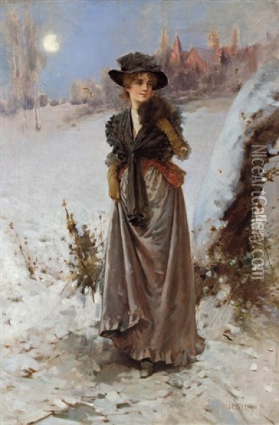 Portrait Of A Woman In A Black Hat Oil Painting - Edward Percy Moran