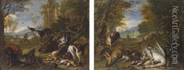 A Hound Guarding Dead Game 
Birds, A Stag And A Hare, With Huntsmen In A Landscape; And Hounds With A
 Dead Swan, Hare And A Boar, With Huntsmen In A Landscape Oil Painting - Adriaen de Gryef