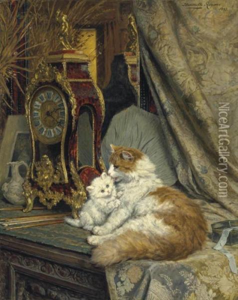 A Mother Cat And Her Kitten With A Bracket Clock Oil Painting - Henriette Ronner-Knip