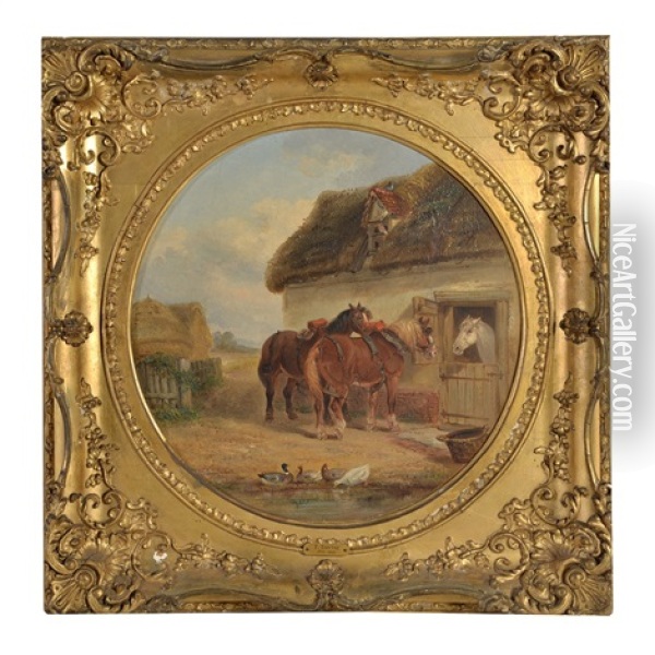 Horses By A Stable Oil Painting - Thomas Smythe