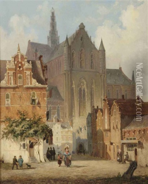 Figures On The Grote Markt In Haarlem With The Saint Bavo Church Oil Painting - Lambertus Hardenberg