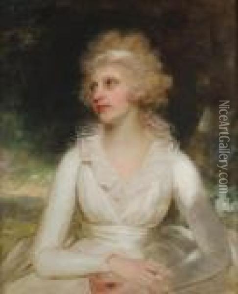 Portrait Of A Lady, Said To Be 
Mrs Daniel Raymond Barker, Half-length, In A White Dress With A Lace 
Collar Oil Painting - Sir William Beechey