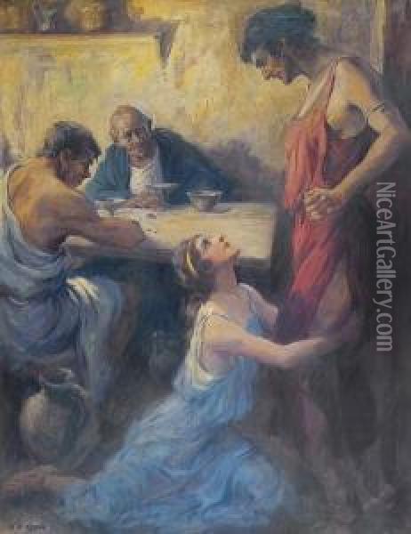 Pompeian Woman Pleading With Man, Two Other Men Looking On. Oil Painting - Frederick Coffay Yohn