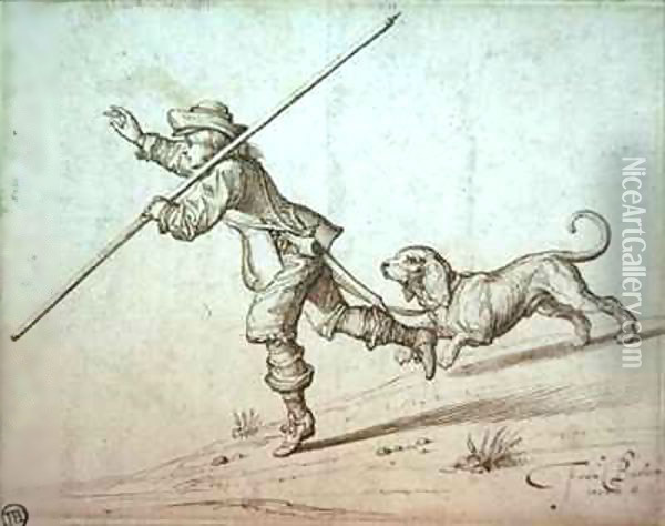 Man hunting with a pointed staff and a hound Oil Painting - Francis Barlow