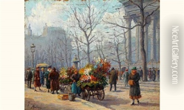 Marchand De Fleurs, Place De La Madeleine Oil Painting - Henri Malfroy-Savigny
