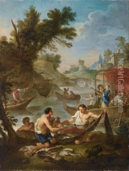 Characters Resting Near A Fountain The Fishing (pair) Oil Painting - Charles Joseph Natoire