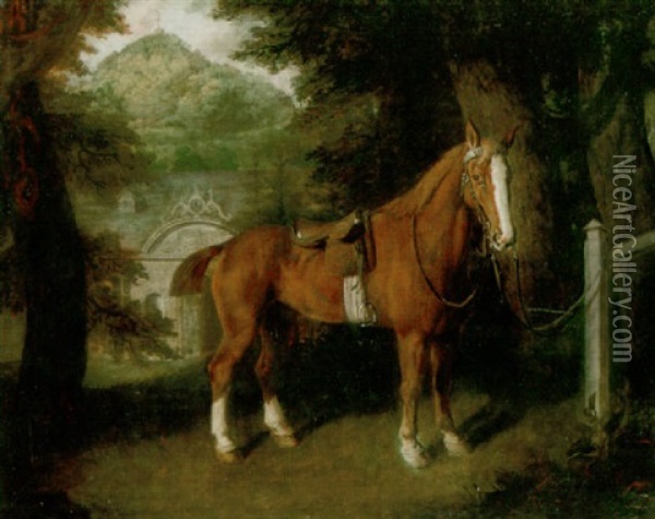 A Saddled Chesnut Hunter Tethered To A Post, The Entrance To Stables Beyond Oil Painting - Thomas Beach