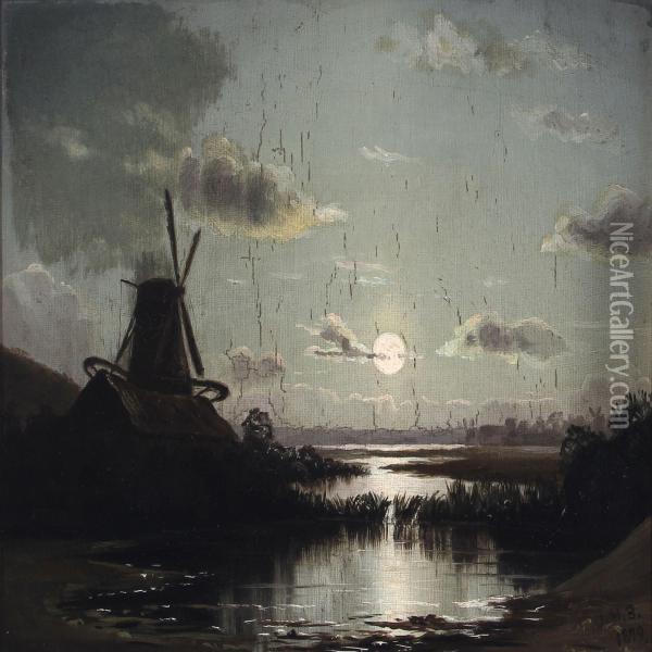 Moonlight Scenery By A Mill Oil Painting - Johannes Herman Brandt