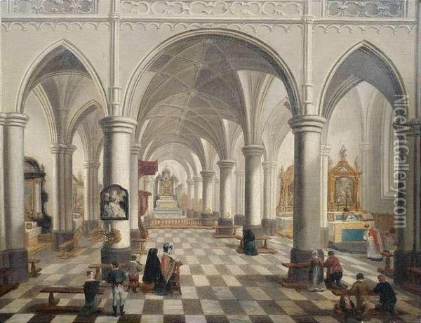Inneres Einer Dreischiffigen Kirche Mit Figurenstaffagemonogramm. Oil Painting - Peeter, the Elder Neeffs