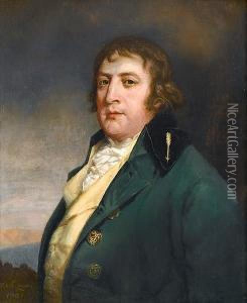 Portrait Of A Gentleman, 
Bust-length, In A Green Coat And A Yellow Waistcoat With A White Cravat Oil Painting - Thomas Beach