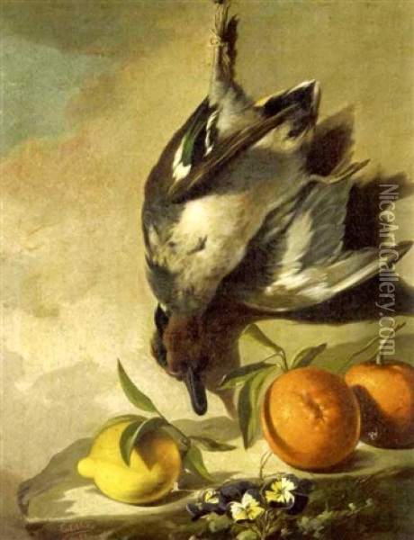 A Still Life With A Duck And Oranges And A Lemon On A Ledge (+ Another Still Life; Pair) Oil Painting - Gumersindo Diaz