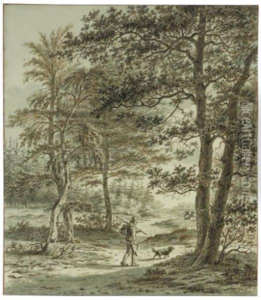 A Wood Cutter With His Dog On A Path In A Wood Oil Painting - Johan Christiaan W. Safft