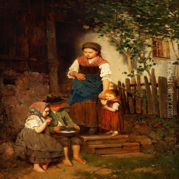 Two Poor Children Sharing A Bowl Of Soup At A Farmhouse, With The Servant Girl And A Small Child Watching Oil Painting - Johann Ferdinand J. Hintze