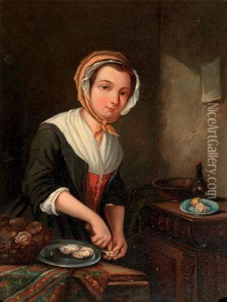 A Young Girl Preparing Oysters In An Interior Oil Painting - Jan Steen