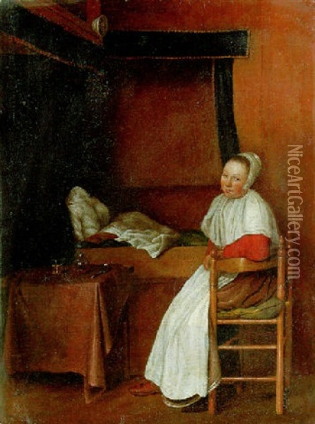 A Woman Seated By A Bed Oil Painting - Esaias Boursse