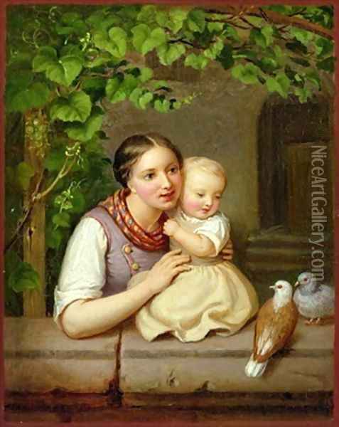 Mother with Child and Two Doves Oil Painting - August von der Embde