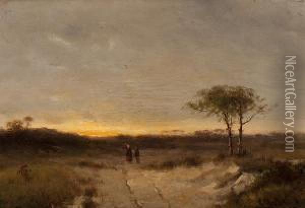 Heathland At Sunset Oil Painting - Cornelis I Westerbeek
