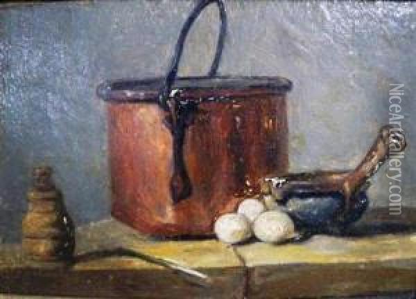 Still Life With Eggs, A Copper Pot And A Mortar Andpestle Oil Painting - Jean-Baptiste-Simeon Chardin