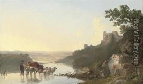 A Wooded River Landscape With A Shepherd And His Cattle In The Foreground, A Castle Beyond Oil Painting - John F Tennant