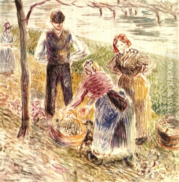 La Recolte Des Pommes De Terre (painted Porcelain) Oil Painting - Camille Pissarro
