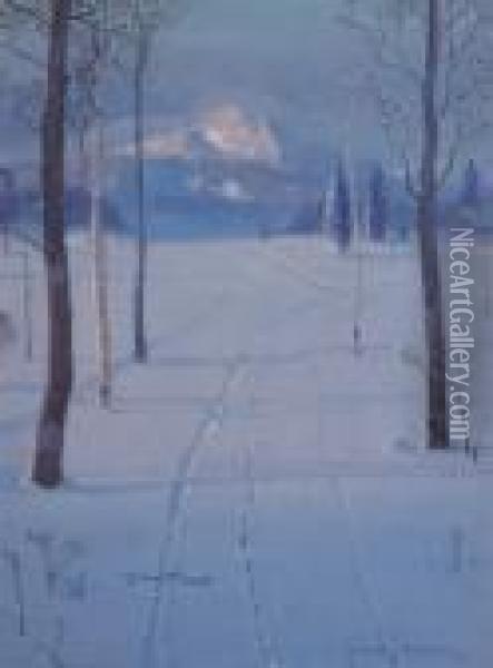 Tracks In Snow Oil Painting - Svend Rasmussen Svendsen