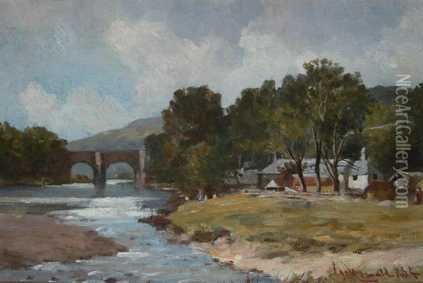A Quiet River Scene, With A Bridge Oil Painting - John Blake Macdonald