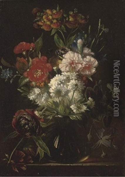 Carnations, Peonies And Other Summer Blooms In A Glass Vase Oil Painting - Arnoldus Bloemers