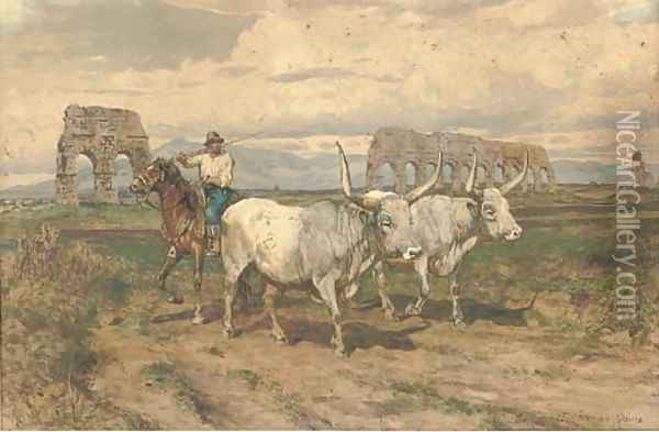 A buttero with his buffalo in the Roman campagna Oil Painting - Enrico Coleman