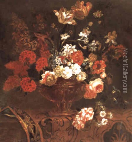 Vase De Fleurs Sur Un Entablement Recouvert D'untapis Oil Painting - Pieter Casteels III