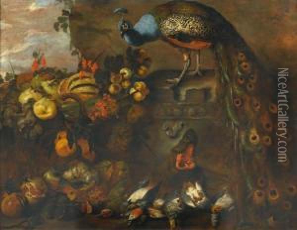 Fruits And Hunting Still Life With Peacock Oil Painting - Lischka, Reinhold