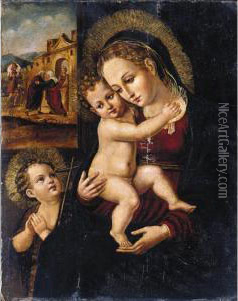 The Virgin And Child With The Infant Saint John The Baptist, The Meeting At The Golden Gate Beyond Oil Painting - Antonio Vazquez