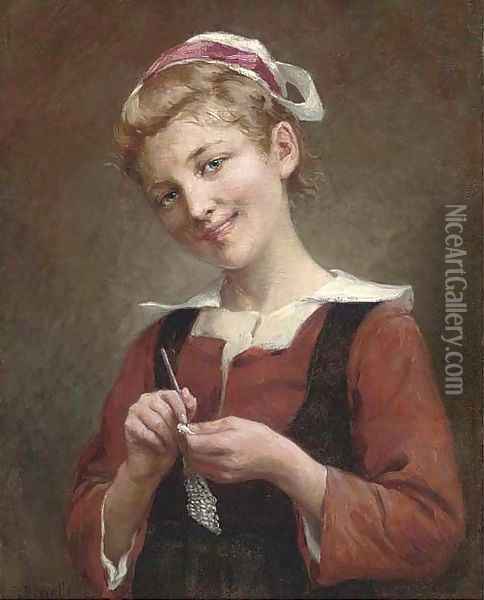 A young girl knitting Oil Painting - Theophile Louis Deyrolle