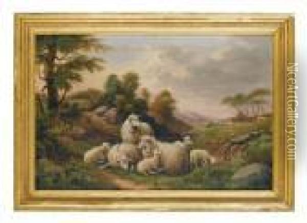 Flock Of Sheep In Pasture Oil Painting - Susan C. Waters