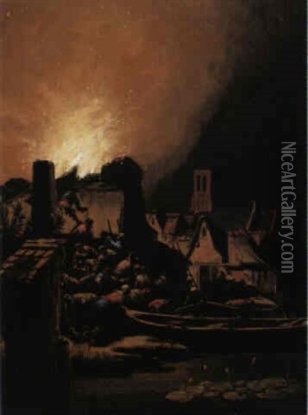 Townsmen Extinguishing A Raging Fire Oil Painting - Adriaen Lievensz van der Poel
