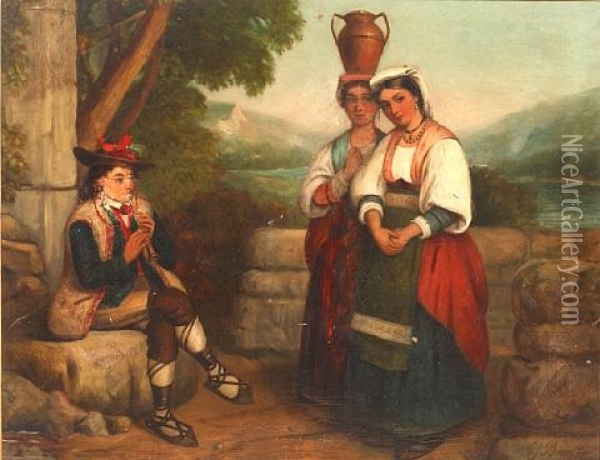 Two Women And A Musician On A Mediterranean Terrace Oil Painting - Charles Baxter