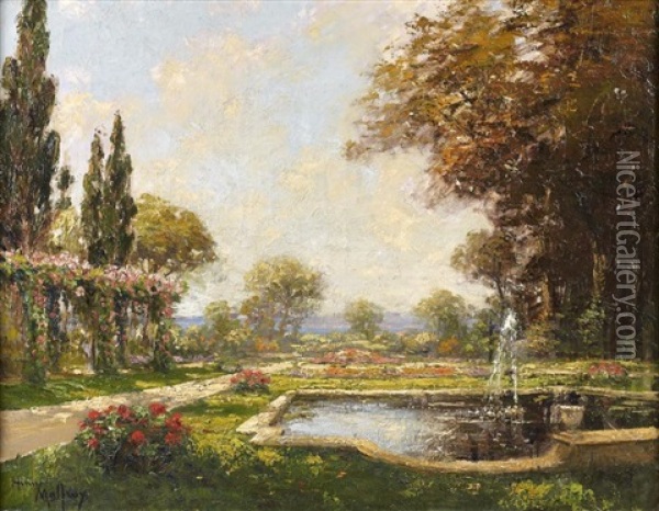 Jardin En Fleurs Avec Bassin Et Jet D'eau Oil Painting - Henri Malfroy-Savigny