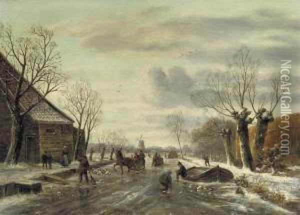 On The Ice With A Horse-drawn-sledge Oil Painting - Sebastiaan Theodorus Voorn Boers