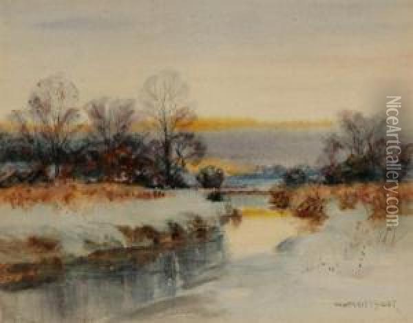 River Landscape, Winter Oil Painting - William Merritt Post