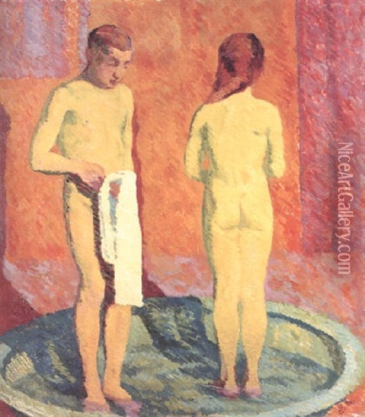Kinder Im Bad Oil Painting - Giovanni Giacometti