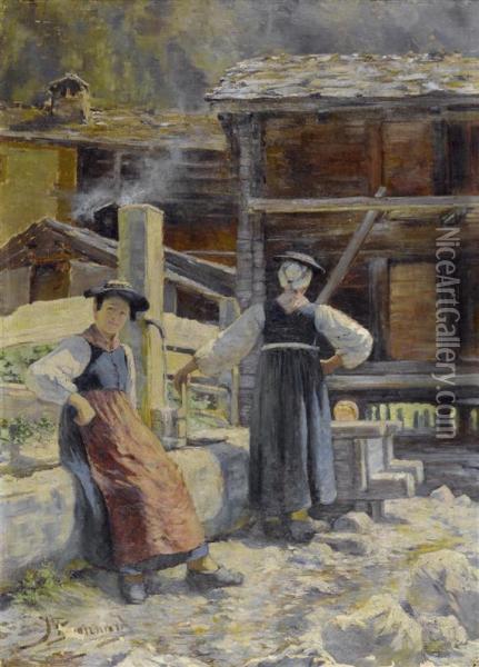 Peasants From Saviese In Front Of A Fountain Oil Painting - Julia Bonnard